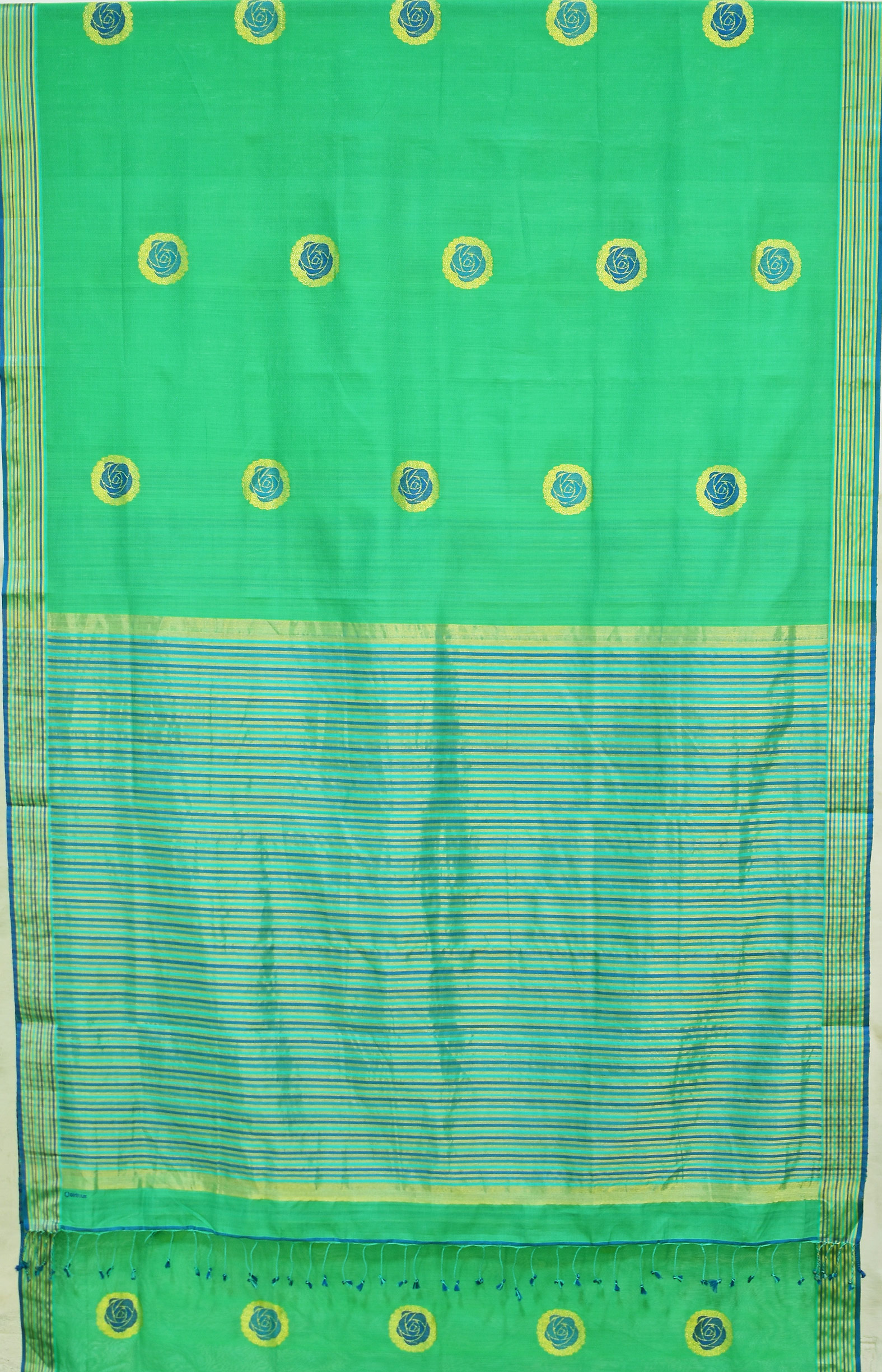 Green, Handwoven Organic Cotton, Textured Weave , Jacquard, Festive Wear, Jari, Butta Saree